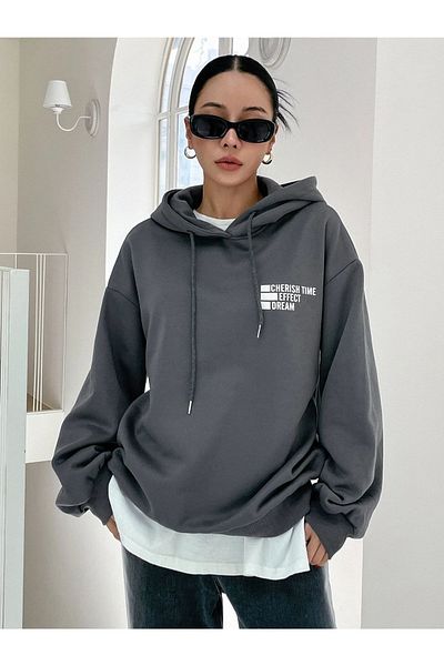Black Sokak Blacksokak Women's Cherish Time Printed Oversize Gray Hooded Sweatshirt