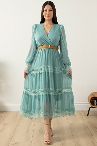 PULLIMM Довга шифонова сукня з мереживом 7227