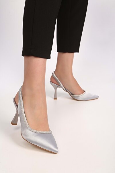 Shoeberry Dámské boty Rowen Silver Satin Stone na podpatku Stiletto