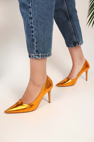 Shoeberry Women's Lyvia Orange Metallic Heeled Shoes Stiletto