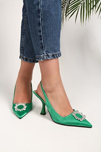 Shoeberry Dámské boty Sophia Green Satin Stone na podpatku jehlové