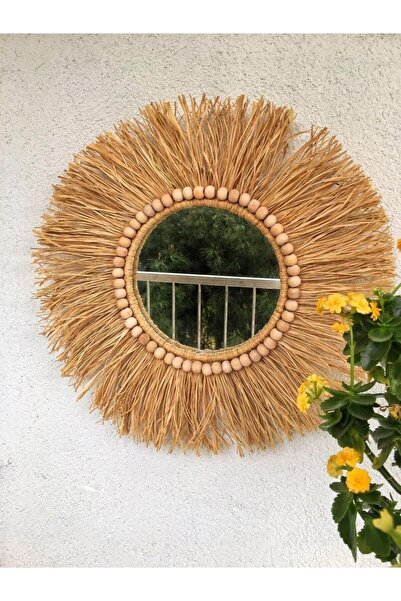 WoodDa Dekoratif Aynalı Rafya Duvar Süsü Bohemian Style Boncuk Detaylı Ayna 4...