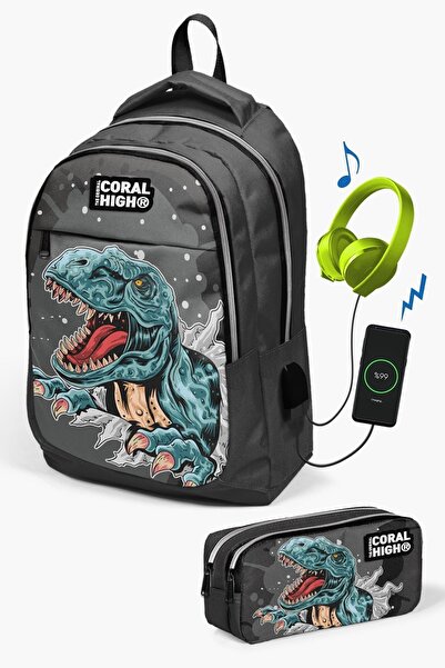 Coral High Kids Dark Gray Black Dinosaur Patterned 2-Piece School Bag Set wit...