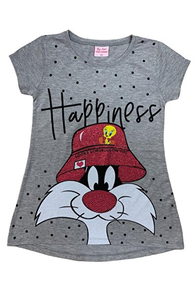BY-GRİ TWEETY VE SYLVESTER BASKILI TAŞLI KISA KOLLU YUVARLAK YAKALI KIZ ÇOCUK...