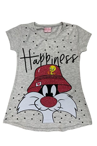 BY-GRİ TWEETY VE SYLVESTER BASKILI TAŞLI KISA KOLLU YUVARLAK YAKALI KIZ ÇOCUK...