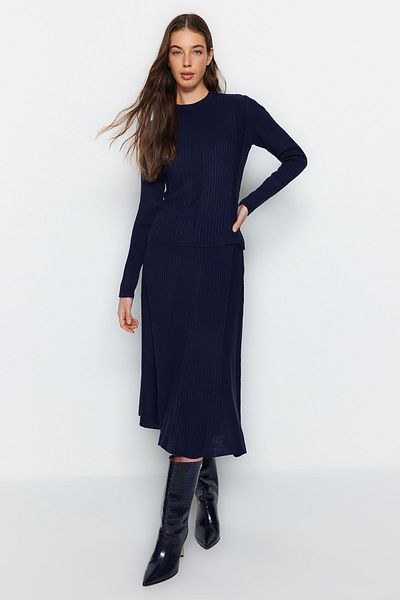 Trendyol Collection Navy Blue Skirted Corded Knitwear Top and Bottom Set TWOAW24AU00066