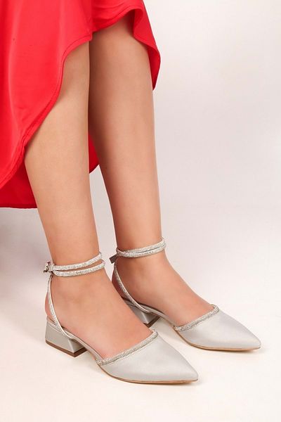 Shoeberry Women's Yune Silver Satin Stone Heeled Shoes
