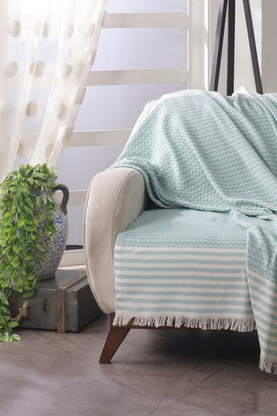 Lux Touch Калъф за диван Olimpos Water Green с памук и пискюли - 180x200 см, разтегателен диван, фотьойл