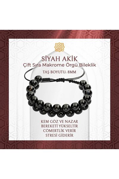 Saff Doğal Taş Black Eye Agate 8mm Double Row Macrame Natural Stone Bracelet - 20-21cm
