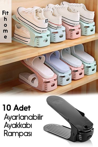 FİTHOME 10 Pieces Black Shoe Rack Organizer - Plastic Ramp Organizer