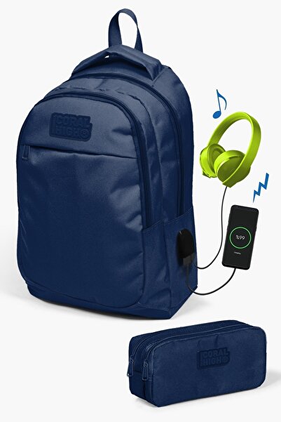 Coral High طقم حقائب مدرسية مكونة من قطعتين بمنفذ USB باللون الأزرق الداكن لل...