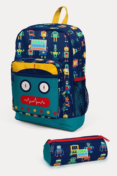 Coral High Детска тъмносиня индигова шарена ученическа чанта с робот от 2 части SET0223472