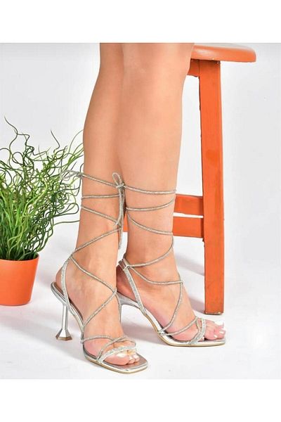Pine Cone Silver Stoned Ankle Strap Women's Evening Dress Shoes