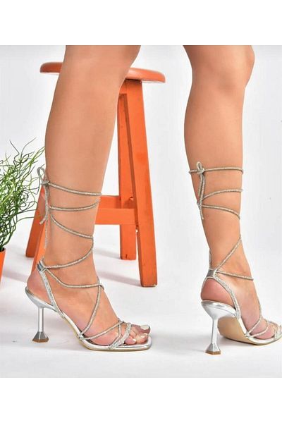 Pine Cone Silver Stoned Ankle Strap Women's Evening Dress Shoes