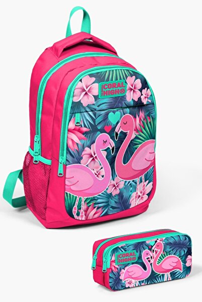 Coral High طقم حقائب مدرسية من قطعتين بنقشة طائر الفلامنغو باللون الأخضر المر...