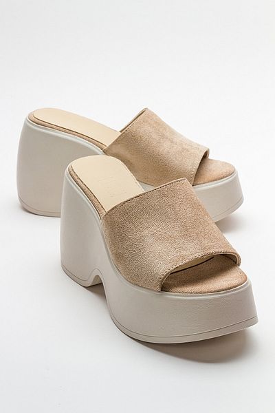 LuviShoes GALLE Beige Suede Women's Wedge Heeled Slippers