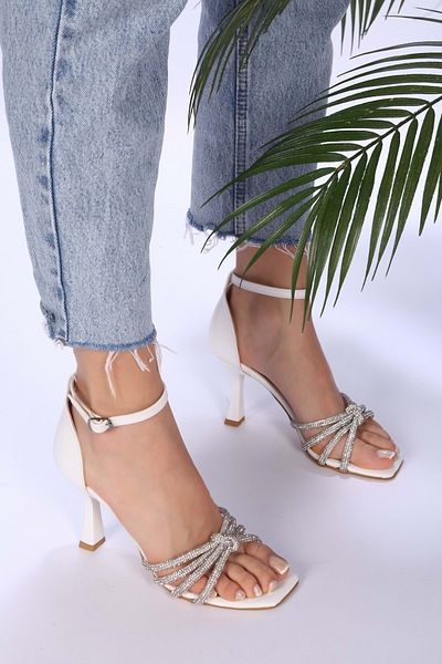Shoeberry Women's Wellas White Skin Ribbed Stone Heeled Shoes