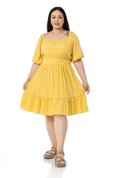 DISENTIS MODEST Plus Size Back Low-Cut Short Yellow Dress