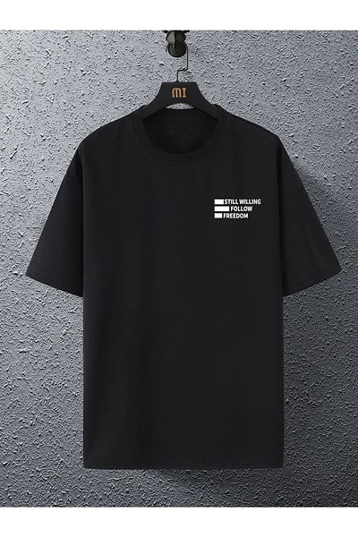 MODARİCH Follow Freedom T-Shirt - Black Printed Crew Neck Short Sleeve Loose