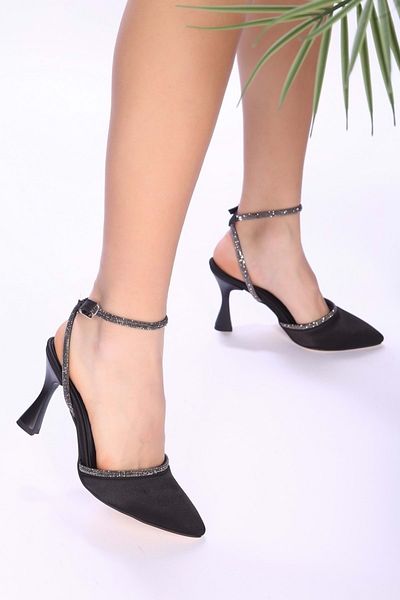 Shoeberry Dámské Alpha Black Saténové žebrované kamenné boty na podpatku