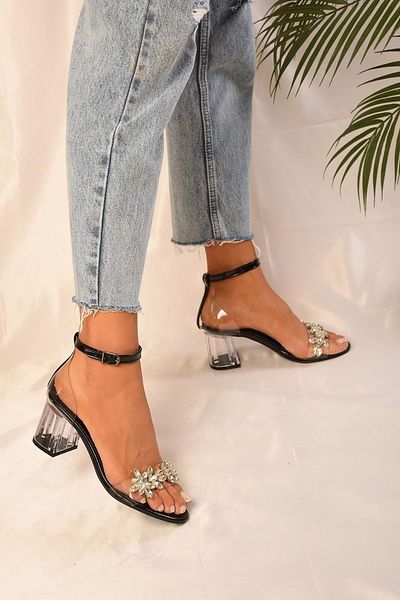 Shoeberry Dámske jednoramienkové topánky Maggie Black Transparent Stone na podpätku