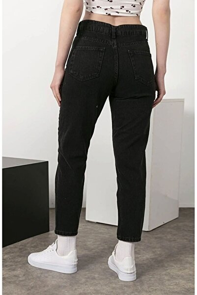 LAMİRAMOOD Pantaloni negri Mom din denim elastic cu talie înaltă