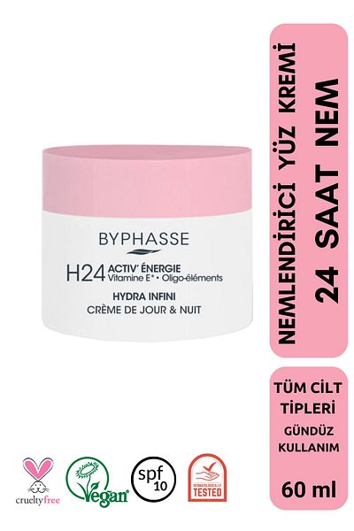 BYPHASSE Feuchtigkeitsspendende 24-Stunden-Feuchtigkeits-Gesichtspflegecreme für Tag und Nacht, 60 ml