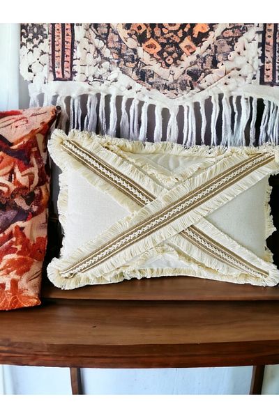 NDC HOME Cross Multiple Tassels Linen Cream Throw Pillow Cushion Cover (35 x 55)
