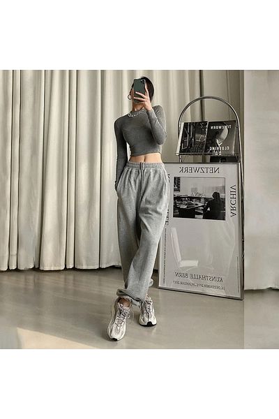 Köstebek Casual Streetwear Ψηλόμεση ελαστική γκρι φούτερ