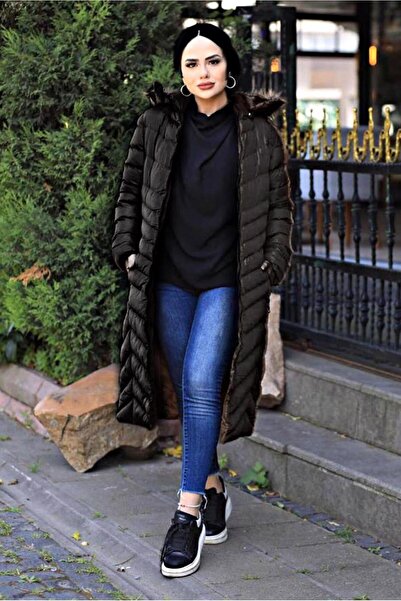 TRENDTESETTÜR Women's Black Hooded Fur Puffer Coat 1539