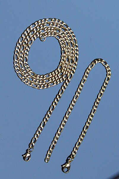 Rua Jewelry Figaro Model Zincir Paslanmaz Çelik Kolye & Bileklik Altın Renk 4mm 2 YIL GARANTİ BELGELİ