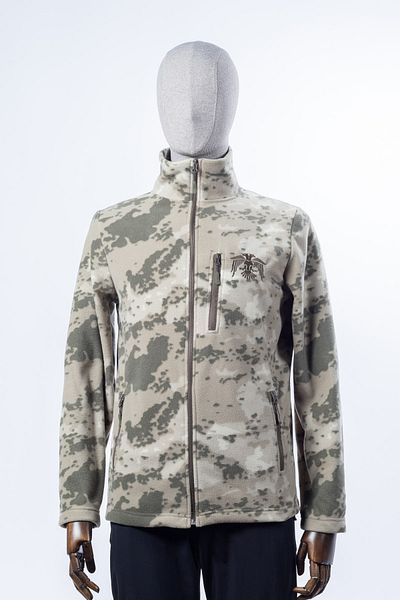 Huğlu Camouflage Patterned Three-Pocket Zippered Eagle Figured Fleece Cardigan