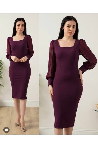ZY BUTİK DAMSON SQUARE NECK CHIFFON LONG SLEEVE LYCRAL PENCIL DRESS