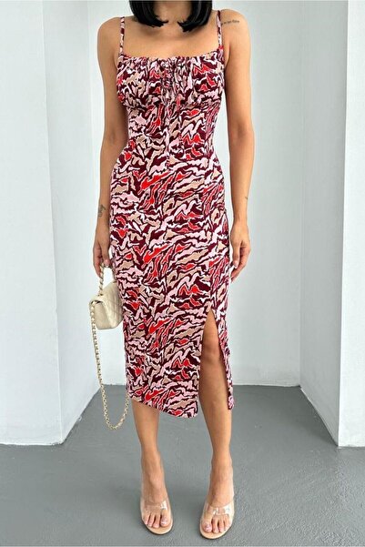 Hisleria Καλοκαιρινό Μικτό Μοτίβο Μίντι Φόρεμα με Δέσιμο Μπροστινό Σκίσιμο - Μικτό