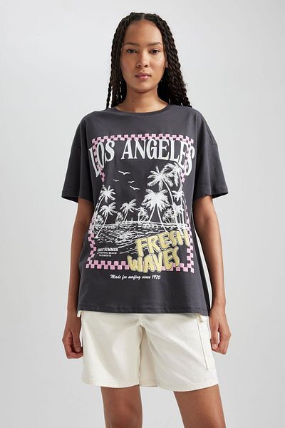 DeFacto Oversize Wide Fit Crew Neck Printed Short Sleeve 100% Cotton T-Shirt B1017Ax23Hs
