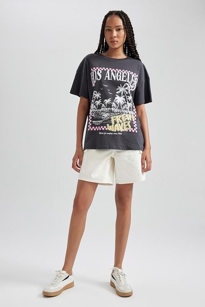 DeFacto Oversize Wide Fit Crew Neck Printed Short Sleeve 100% Cotton T-Shirt B1017Ax23Hs