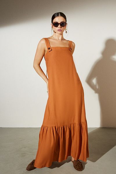 BROOKS BROTHERS Zimtfarbenes Damenkleid mit quadratischem Ausschnitt und Hosenträgern