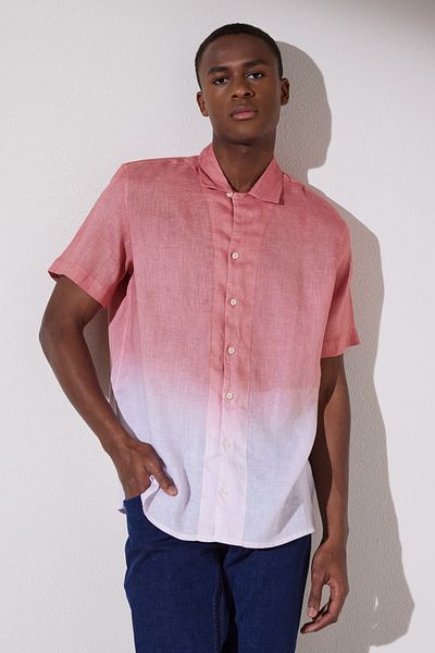 BROOKS BROTHERS Herren-Shirt in Rosa-Weiß mit bequemer Passform, entspannter Passform, Apash-Revers, kurzen Ärmeln und Batikmuster