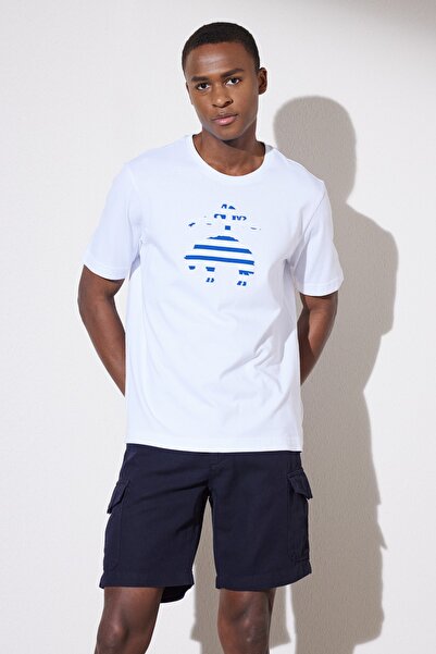 BROOKS BROTHERS ErkekBeyaz-Lacivert Baskılı Bisiklet Yaka Tişört