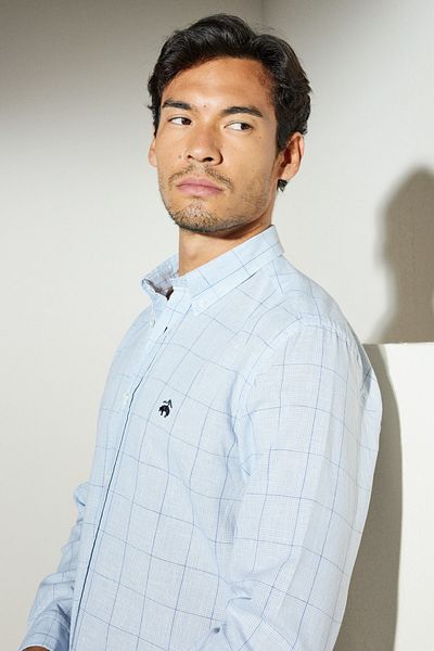 BROOKS BROTHERS Blau kariertes Slim-Fit-Hemd aus Leinen mit geknöpftem Reversmuster für Herren