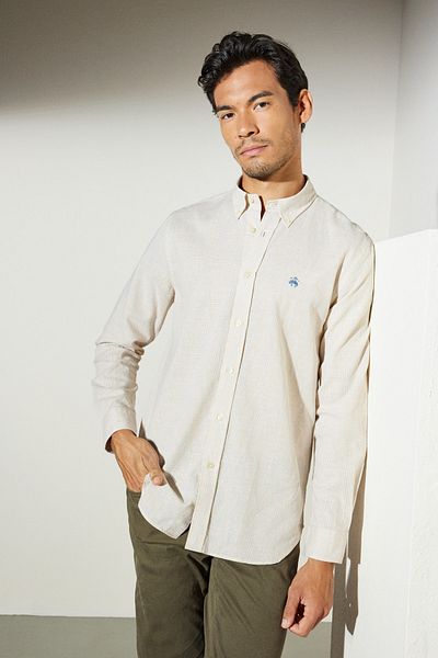 BROOKS BROTHERS Beige kariertes Slim-Fit-Hemd aus Leinen mit geknöpftem Reversmuster für Herren