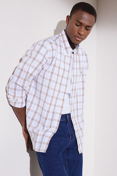 BROOKS BROTHERS Ανδρικό μπεζ καρό πουκάμισο Comfort Fit με γιακά με κουμπιά