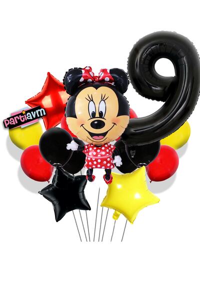 PARTİAVM Mini Mouse Balloon Set with Black Number Balloons Minnie Mouse Ballo...