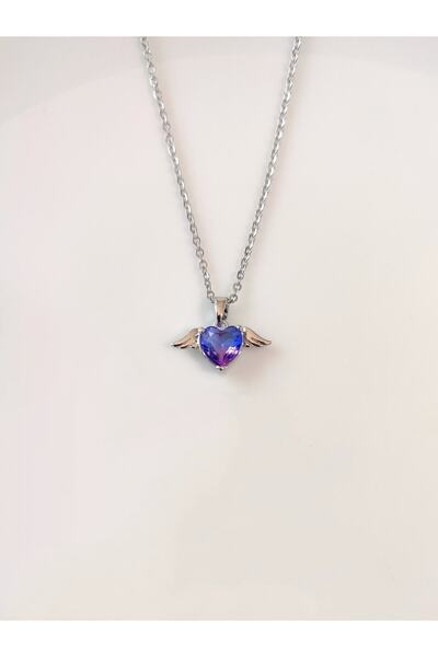 Evorya Kadın Paslanmaz Çelik Melek Kanatlı Mor Mavi Kalp Taşlı Kolye