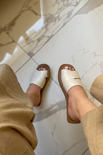 SHOEBELLAS Malli Beige Leather Cross Women's Slippers