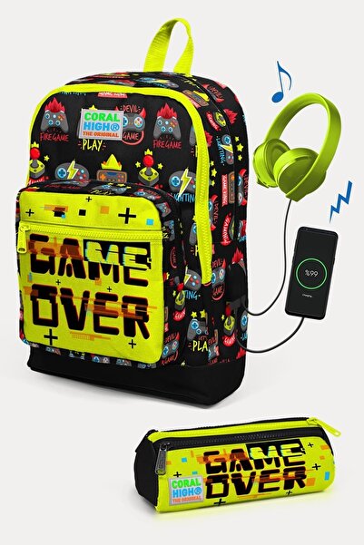 Coral High Дитячий чорний неоновий жовтий набір шкільних рюкзаків з USB-накоп...