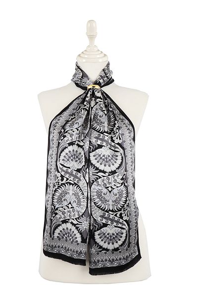 Bursa İpek Black Gray Peacock Narrow Silk Scarf