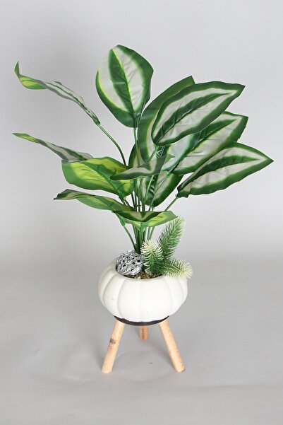 Yapay Çiçek Deposu Ahşap Ayaklı Beton Saksida Yapay 12 Yapraklı Bitki 50 cm Model 7