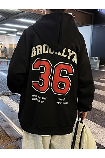 Benisengiydir سويت شيرت بروكلين 36 رجالي بغطاء للرأس أسود كبير الحجم مطبوع