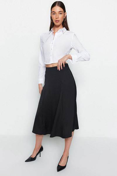 Trendyol Collection Fustă midi țesută în linie A din țesătură neagră din satin TWOAW24ET00167